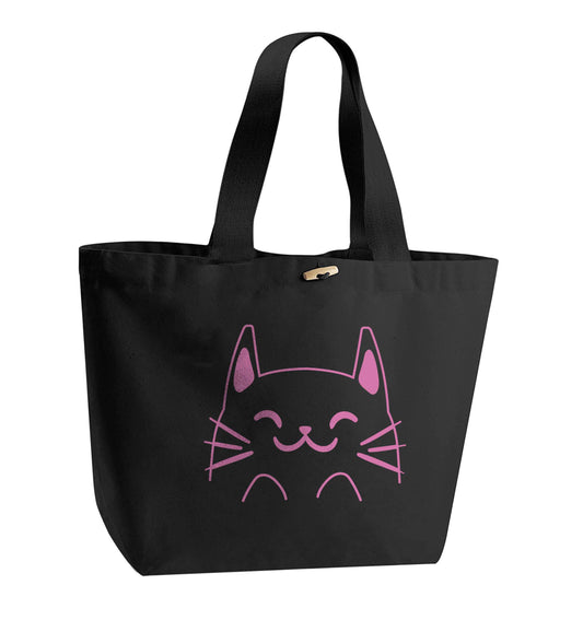 Cat illustration organic cotton premium tote bag with wooden toggle in black