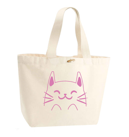 Cat illustration organic cotton premium tote bag with wooden toggle in natural