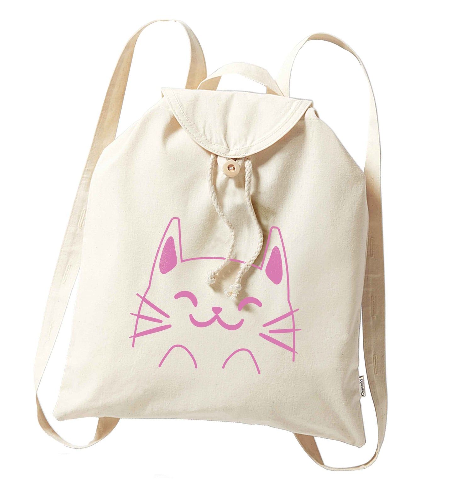 Cat illustration organic cotton backpack tote with wooden buttons in natural