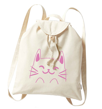 Cat illustration organic cotton backpack tote with wooden buttons in natural