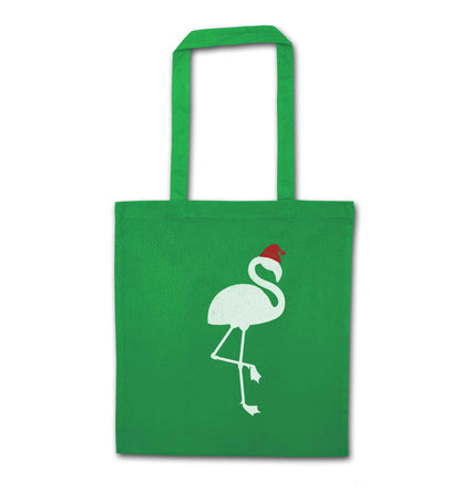 Pink flamingo santa green tote bag