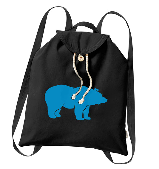 Blue bear organic cotton backpack tote with wooden buttons in black