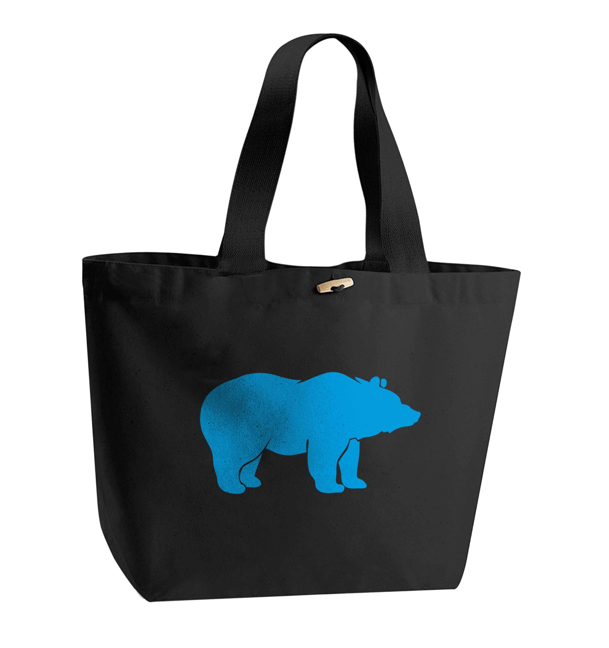 Blue bear organic cotton premium tote bag with wooden toggle in black