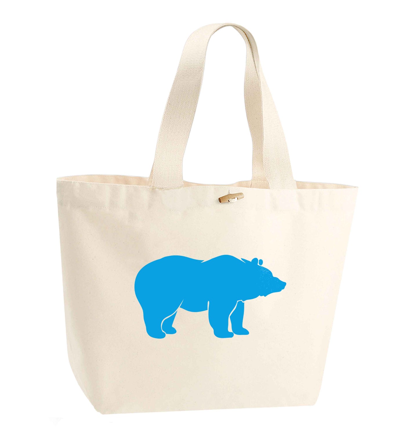Blue bear organic cotton premium tote bag with wooden toggle in natural