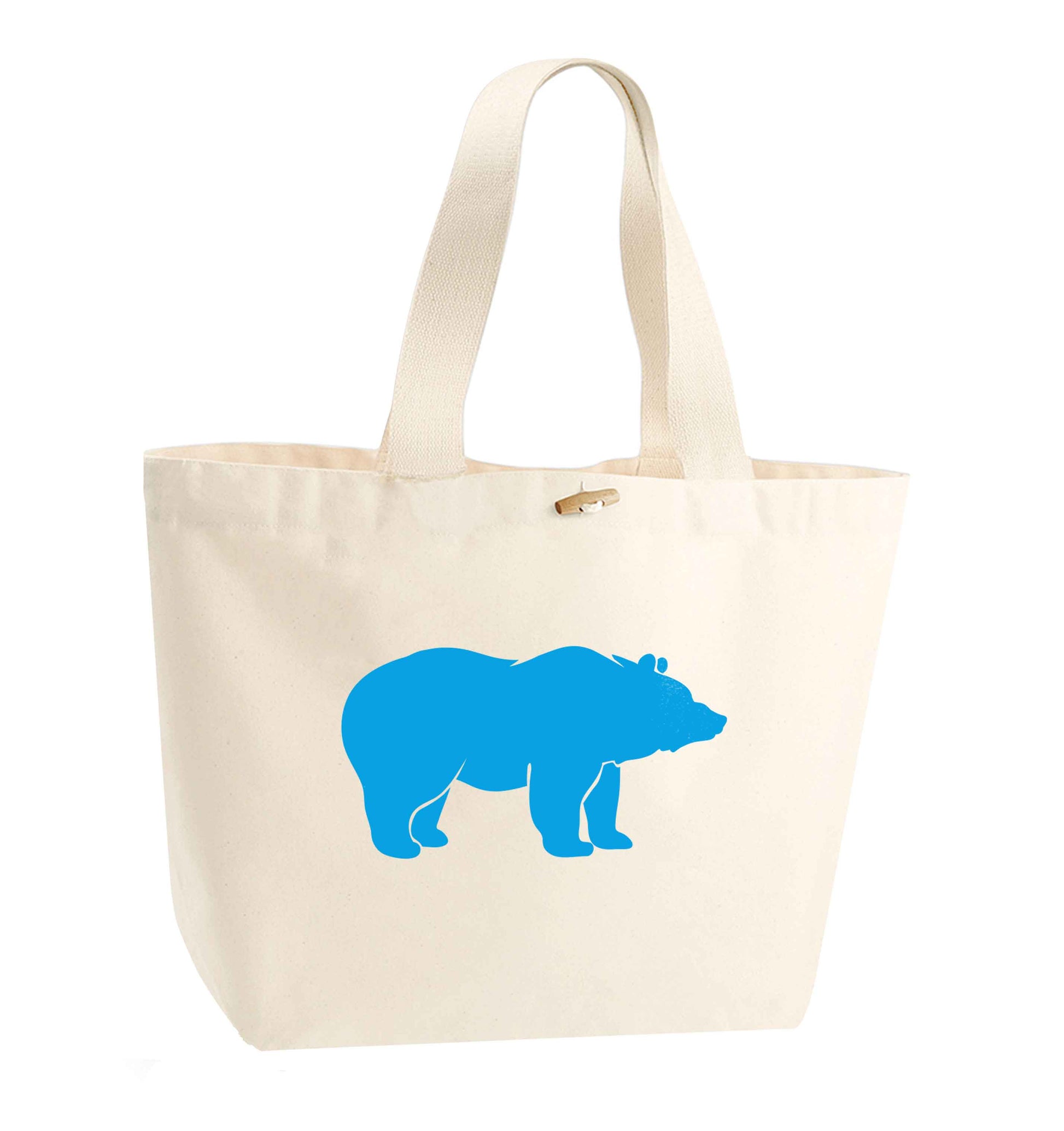 Blue bear organic cotton premium tote bag with wooden toggle in natural