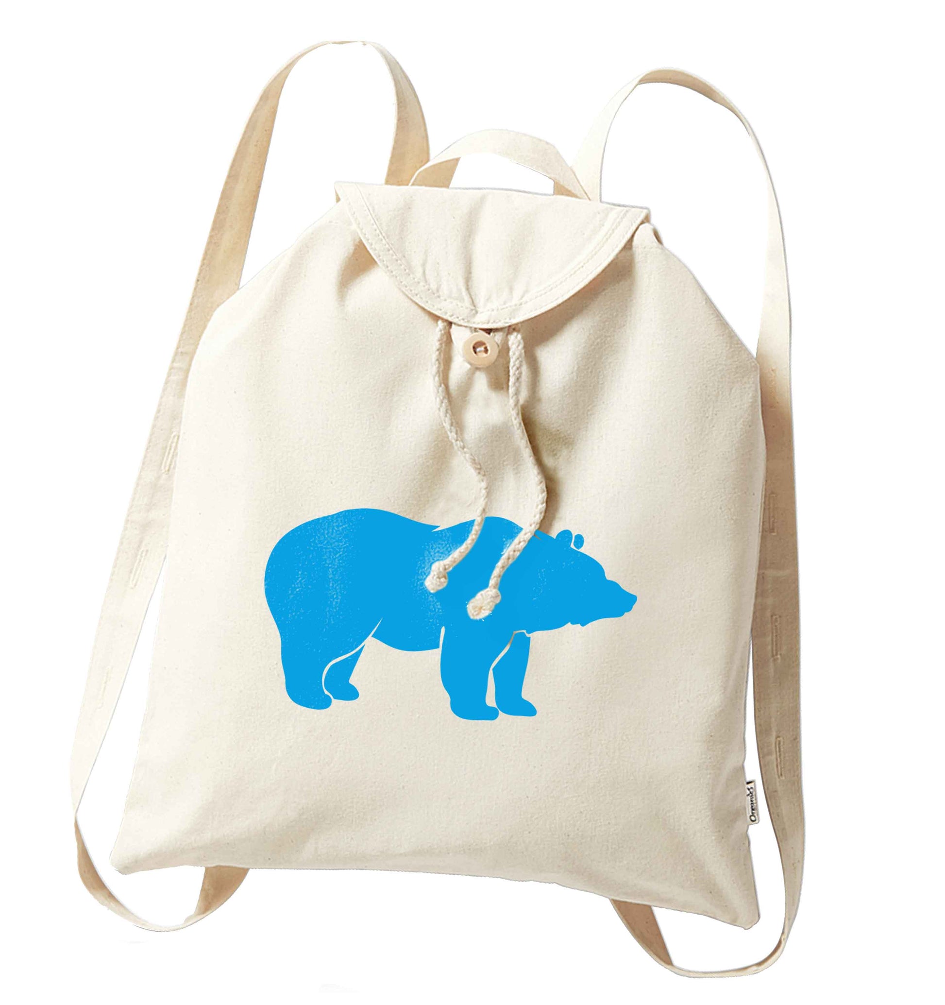Blue bear organic cotton backpack tote with wooden buttons in natural