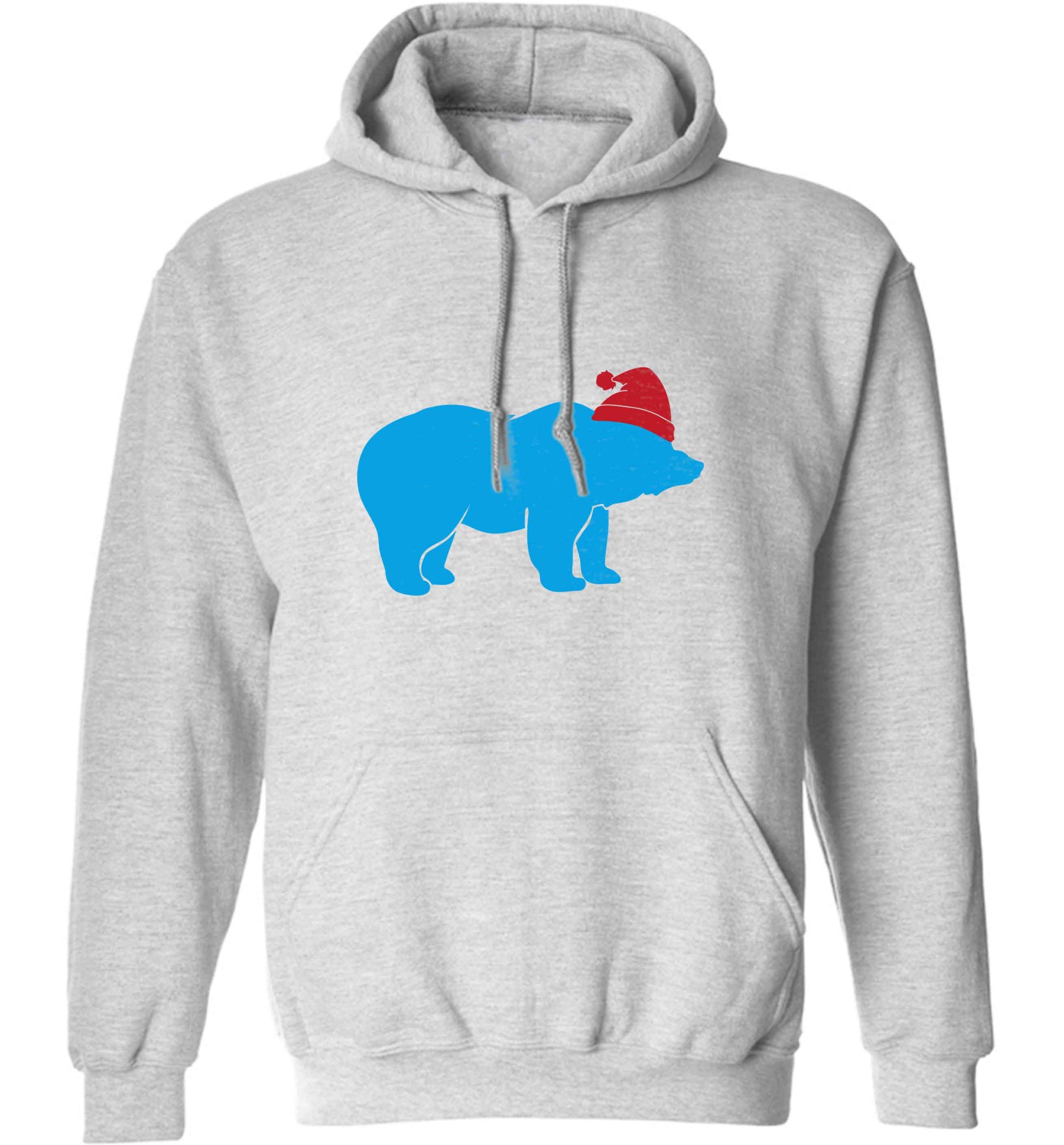 Blue bear Santa adults unisex grey hoodie 2XL