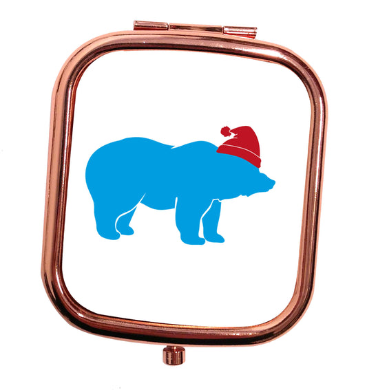 Blue bear Santa rose gold square pocket mirror
