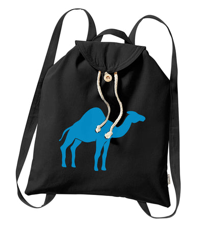 Blue camel organic cotton backpack tote with wooden buttons in black