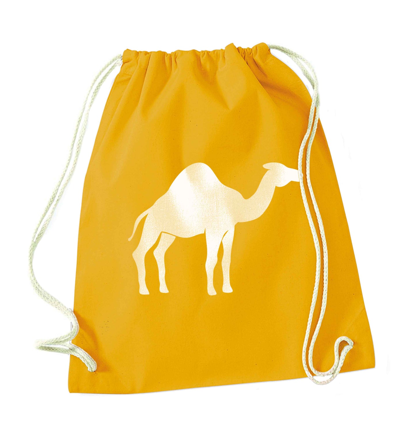 Blue camel mustard drawstring bag