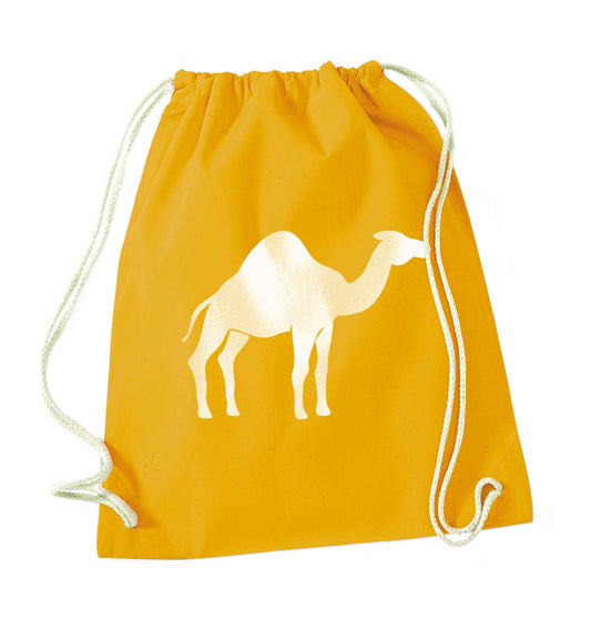 Blue camel mustard drawstring bag
