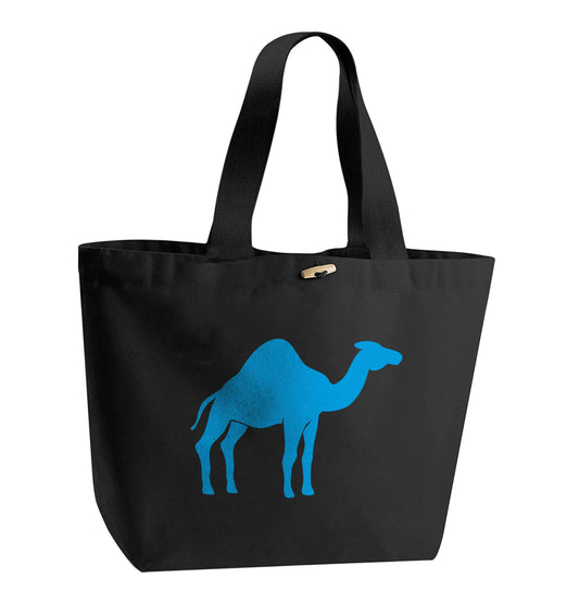 Blue camel organic cotton premium tote bag with wooden toggle in black