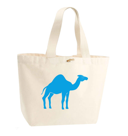 Blue camel organic cotton premium tote bag with wooden toggle in natural