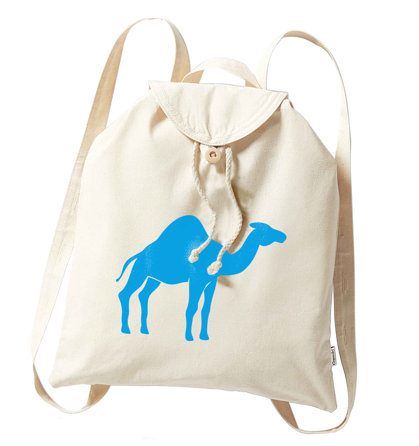 Blue camel organic cotton backpack tote with wooden buttons in natural