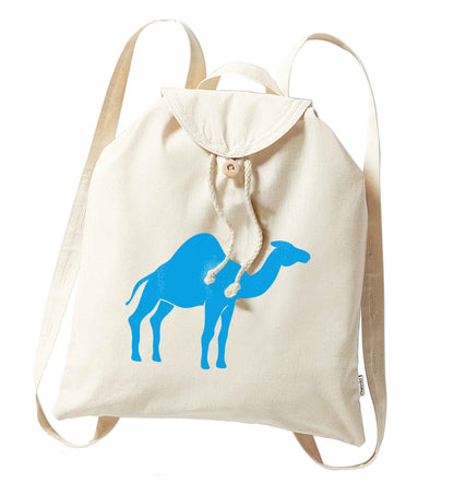 Blue camel organic cotton backpack tote with wooden buttons in natural