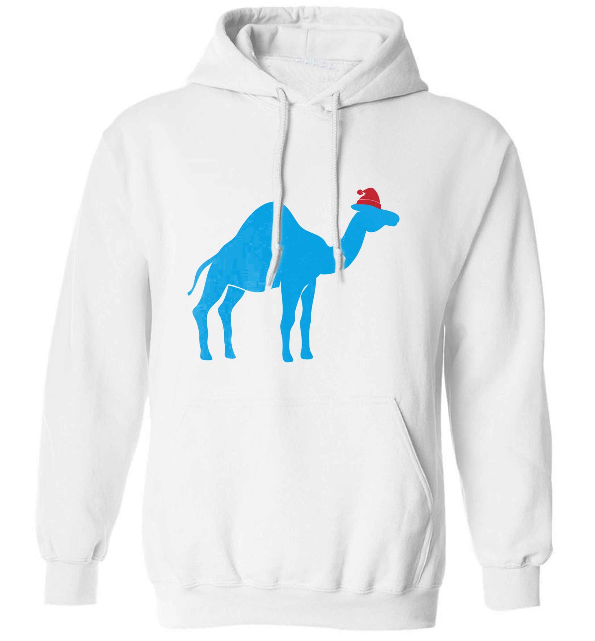 Blue camel santa adults unisex white hoodie 2XL