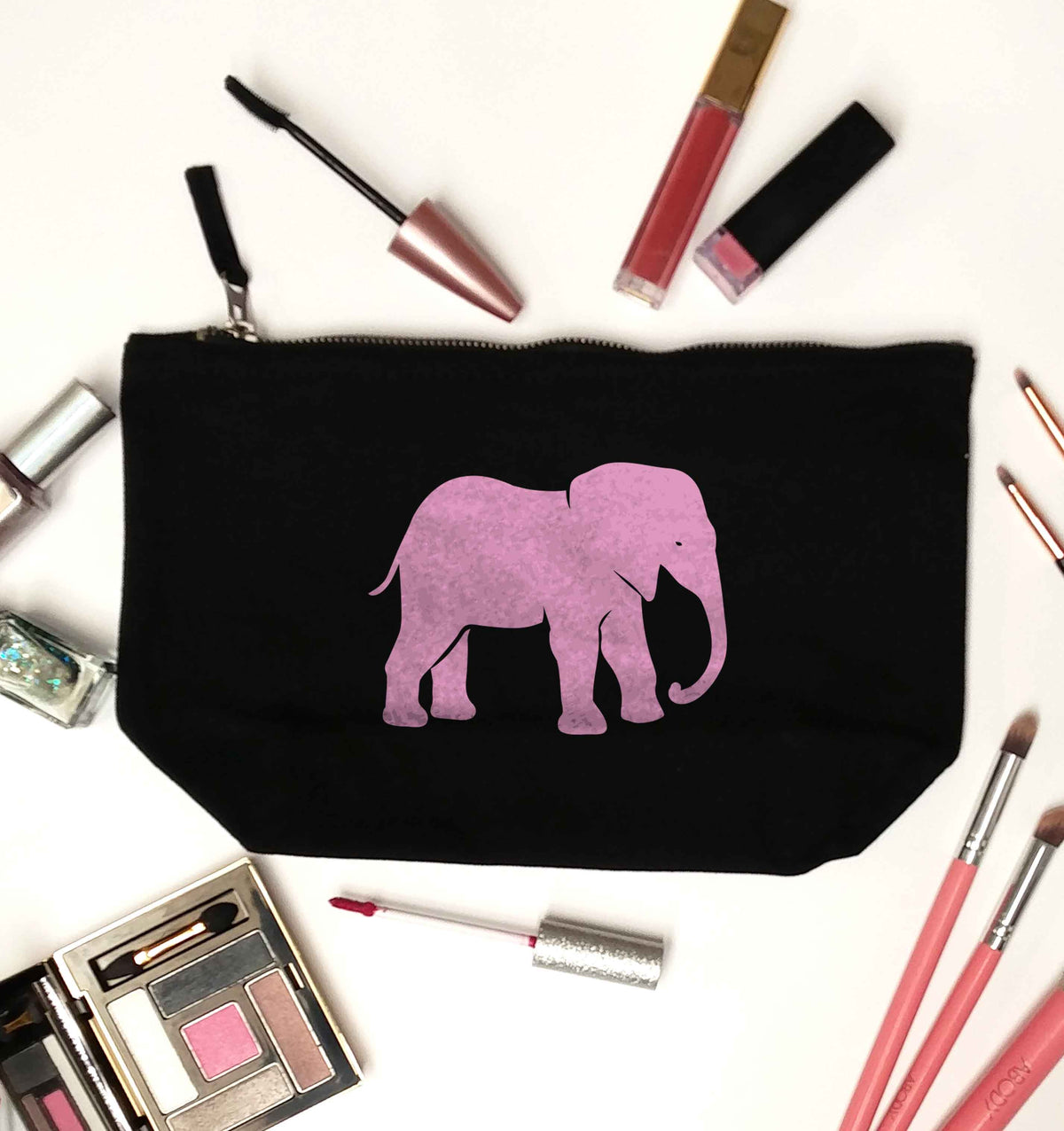 Pink elephant black makeup bag