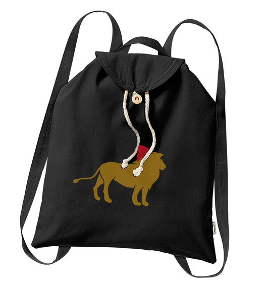 Gold lion santa organic cotton backpack tote with wooden buttons in black
