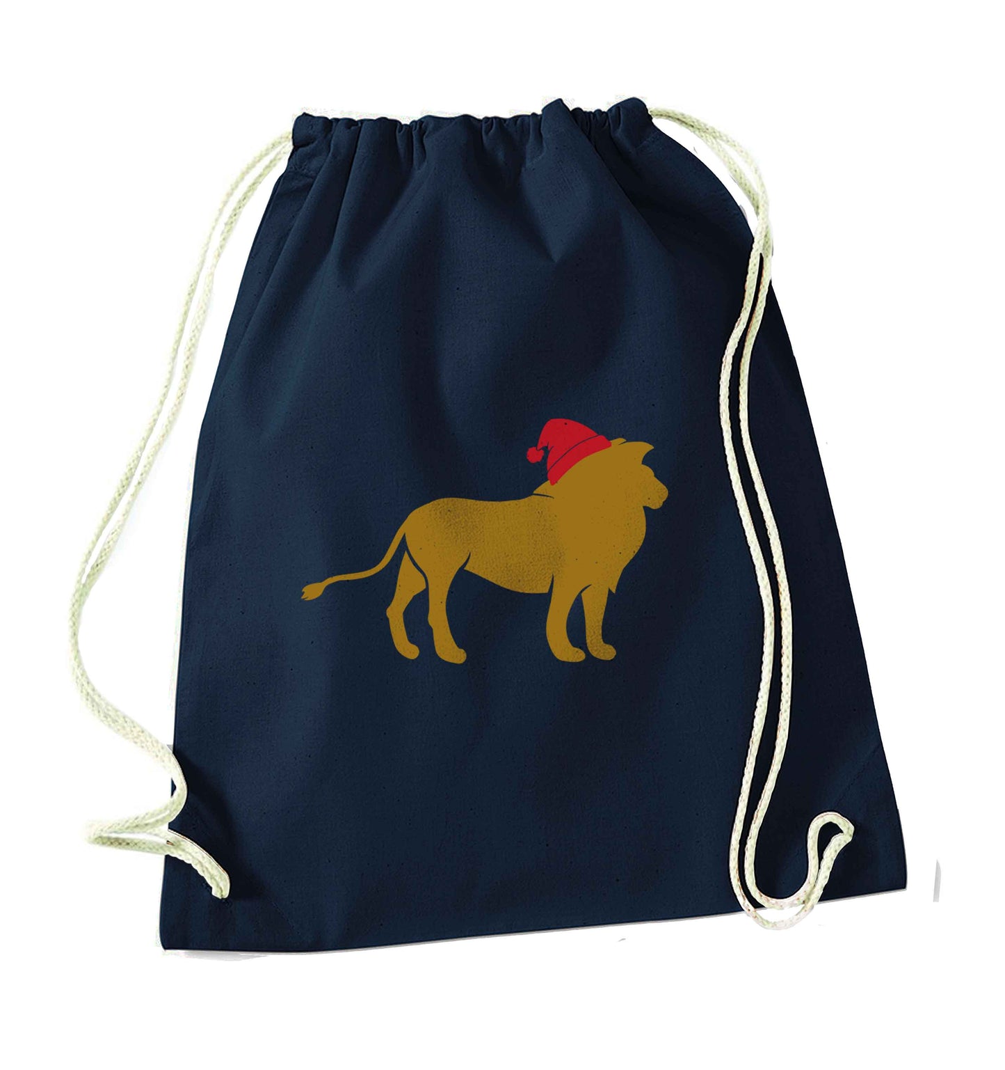 Gold lion santa navy drawstring bag