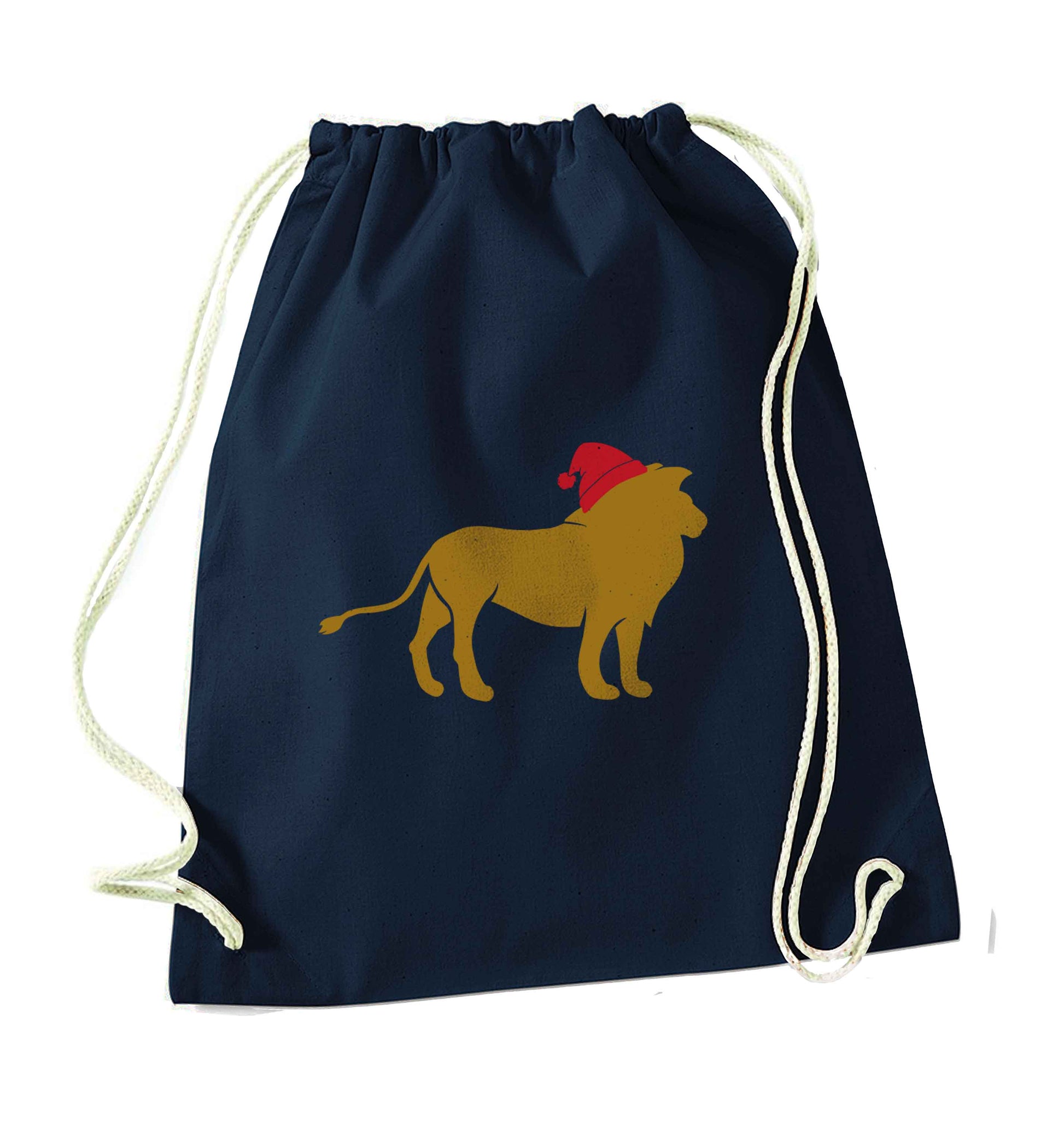 Gold lion santa navy drawstring bag
