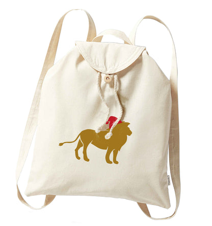 Gold lion santa organic cotton backpack tote with wooden buttons in natural