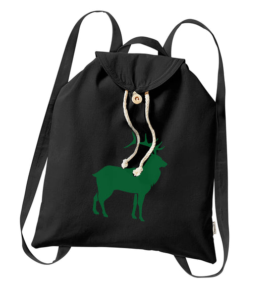 Green stag organic cotton backpack tote with wooden buttons in black