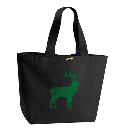 Green stag organic cotton premium tote bag with wooden toggle in black