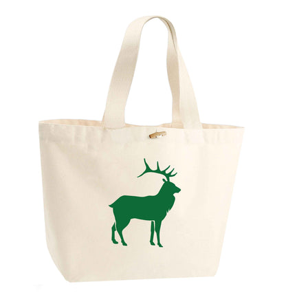 Green stag organic cotton premium tote bag with wooden toggle in natural