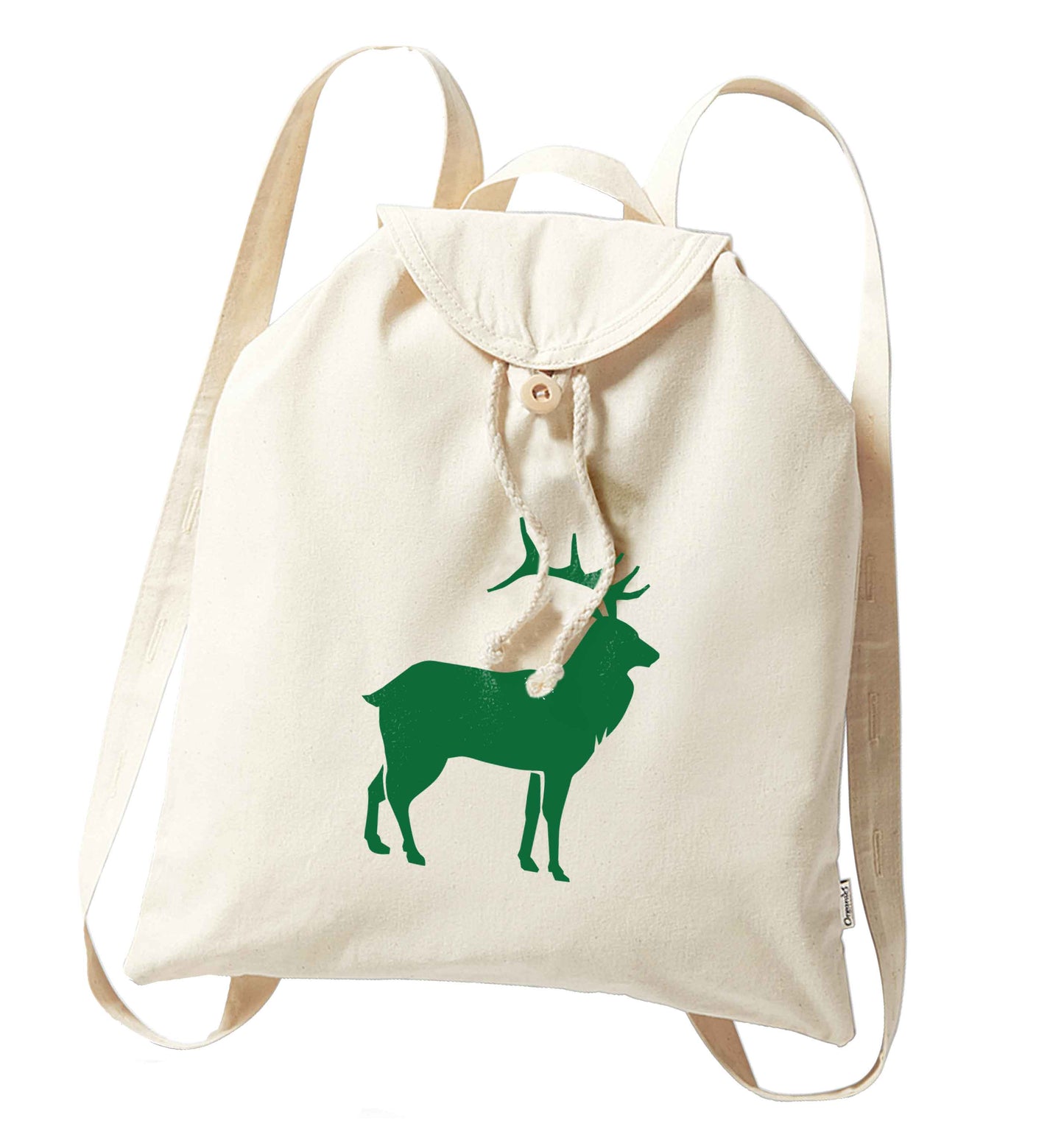 Green stag organic cotton backpack tote with wooden buttons in natural
