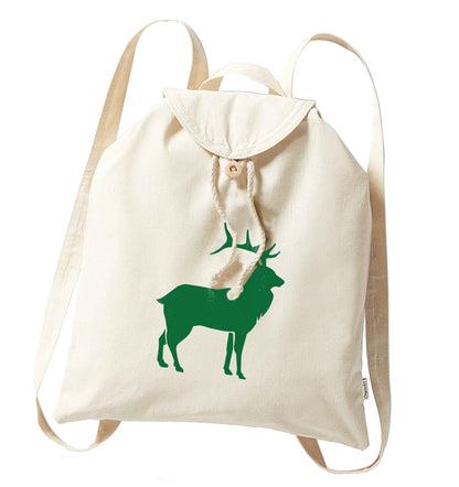 Green stag organic cotton backpack tote with wooden buttons in natural