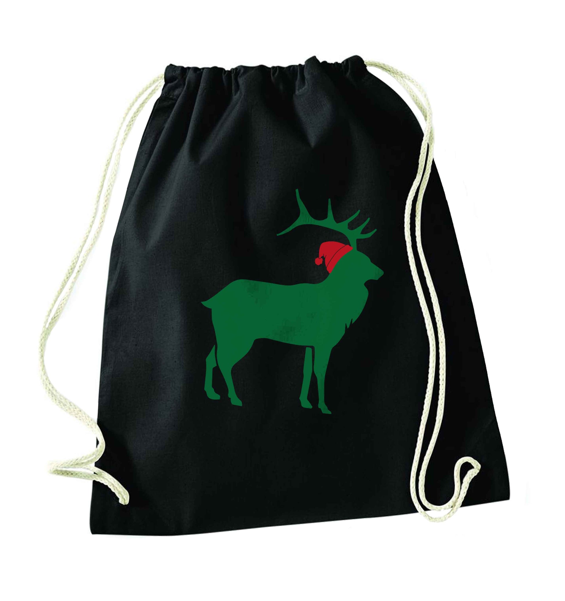 Green stag Santa black drawstring bag