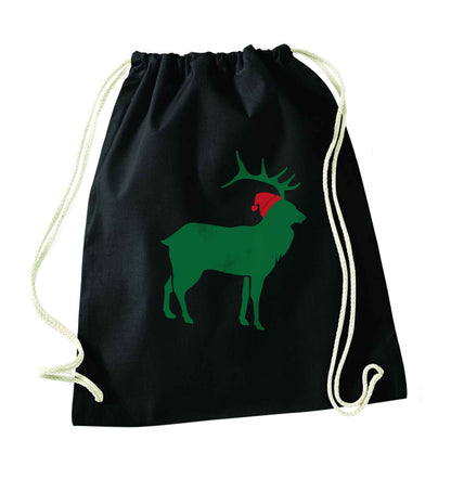 Green stag Santa black drawstring bag