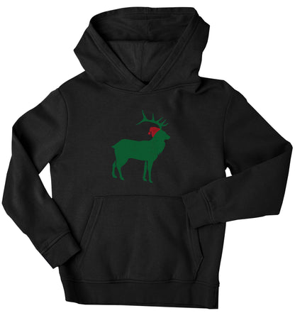 Green stag Santa children's black hoodie 12-13 Years