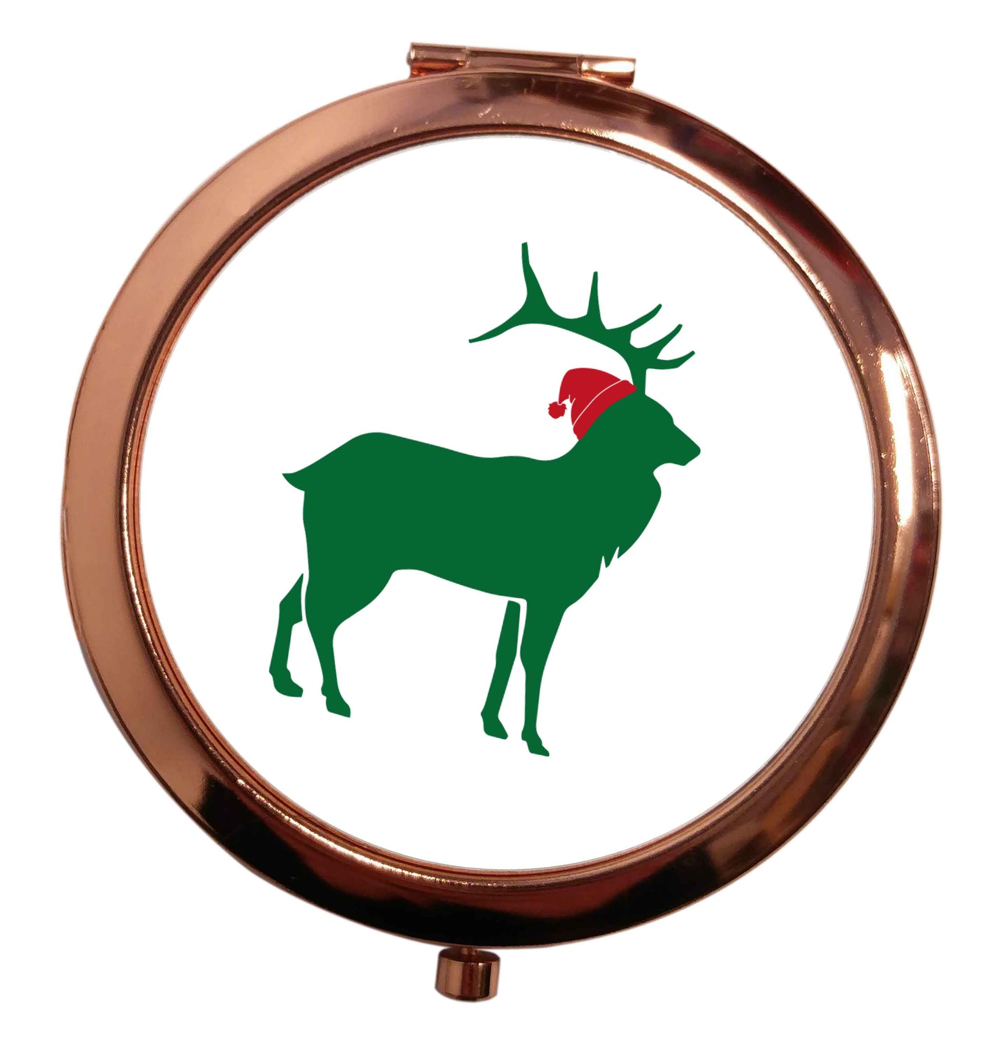 Green stag Santa rose gold circle pocket mirror