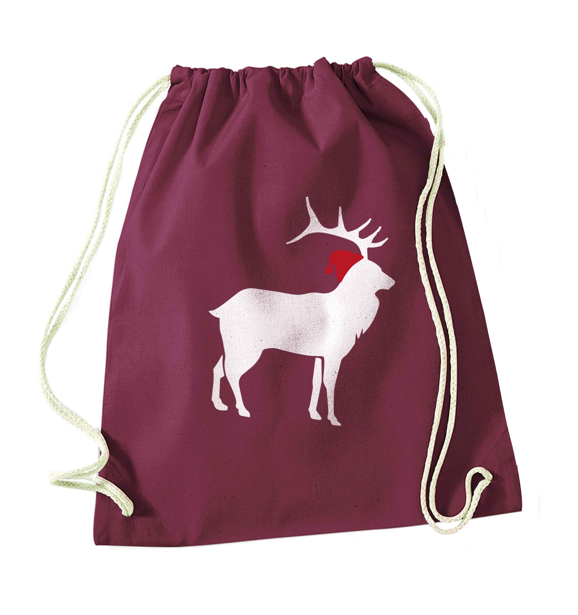 Green stag Santa maroon drawstring bag