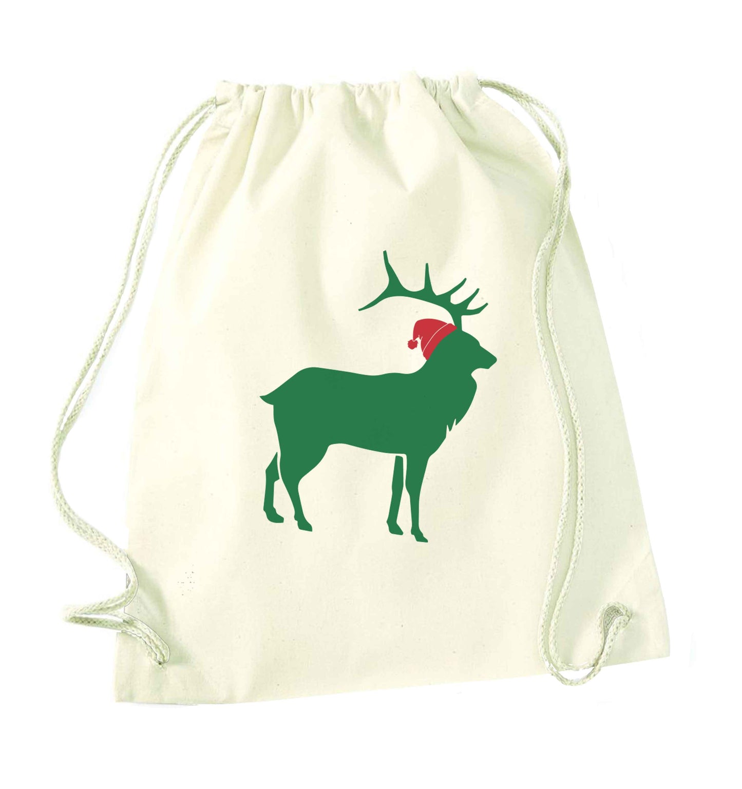 Green stag Santa natural drawstring bag