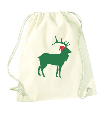 Green stag Santa natural drawstring bag