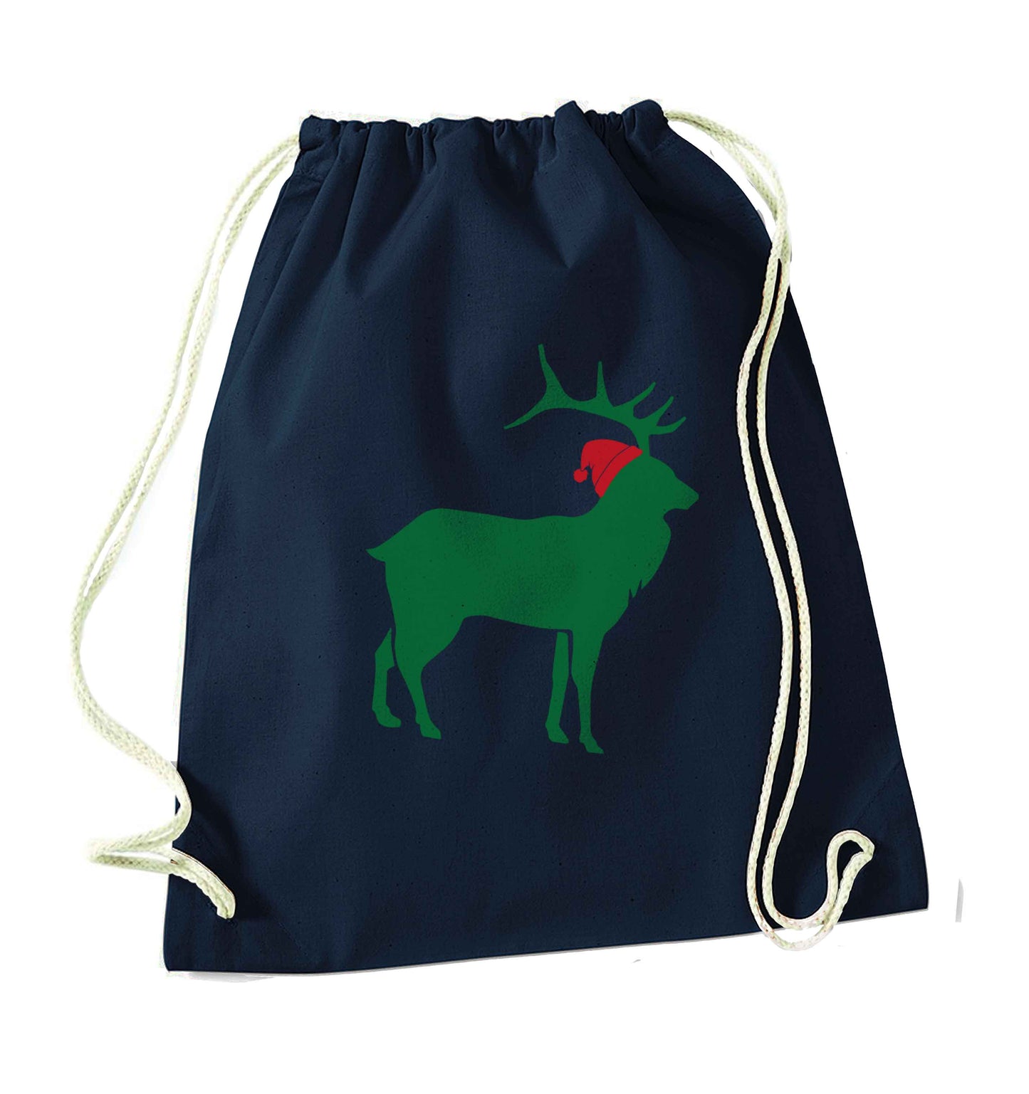 Green stag Santa navy drawstring bag