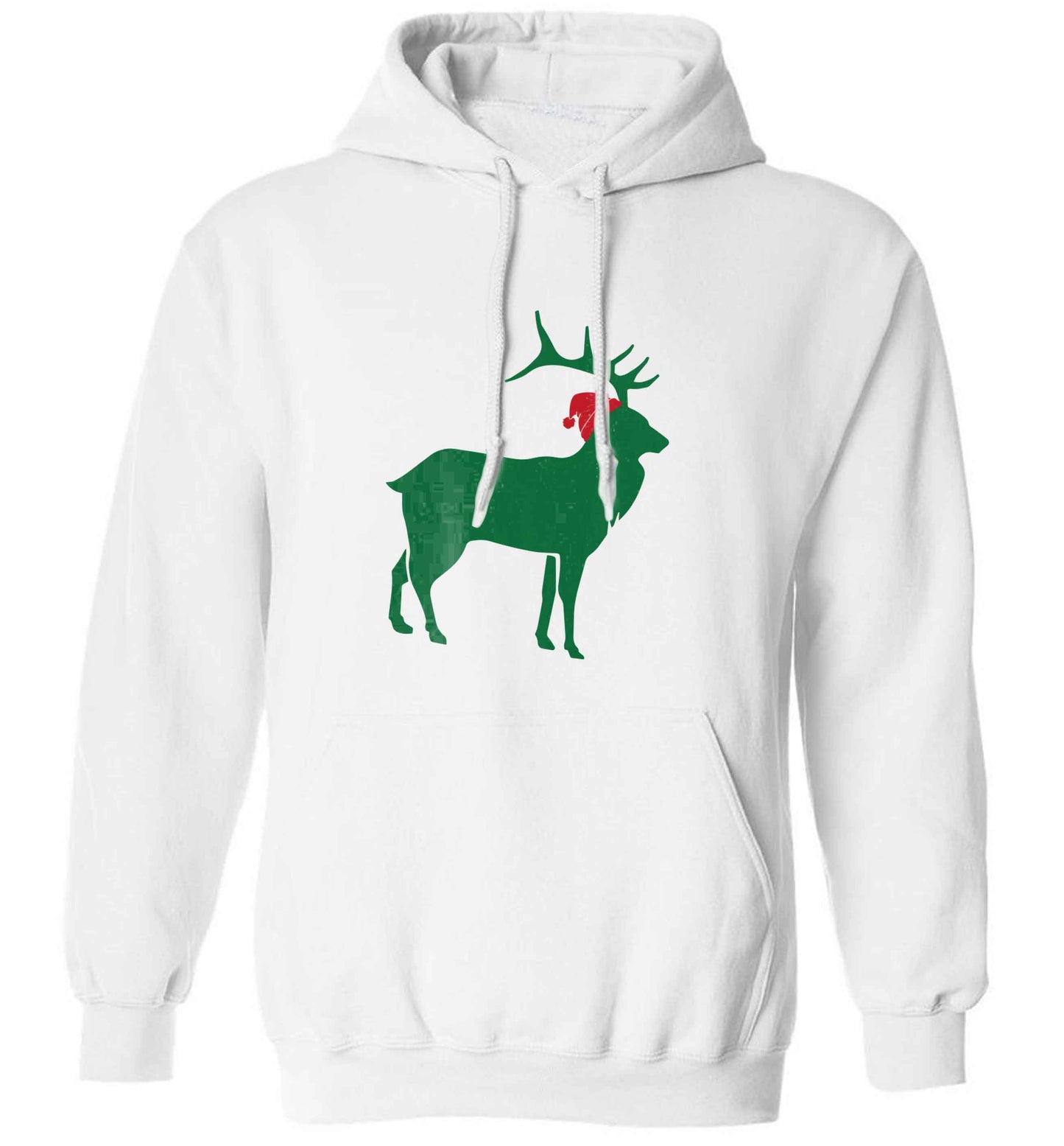 Green stag Santa adults unisex white hoodie 2XL