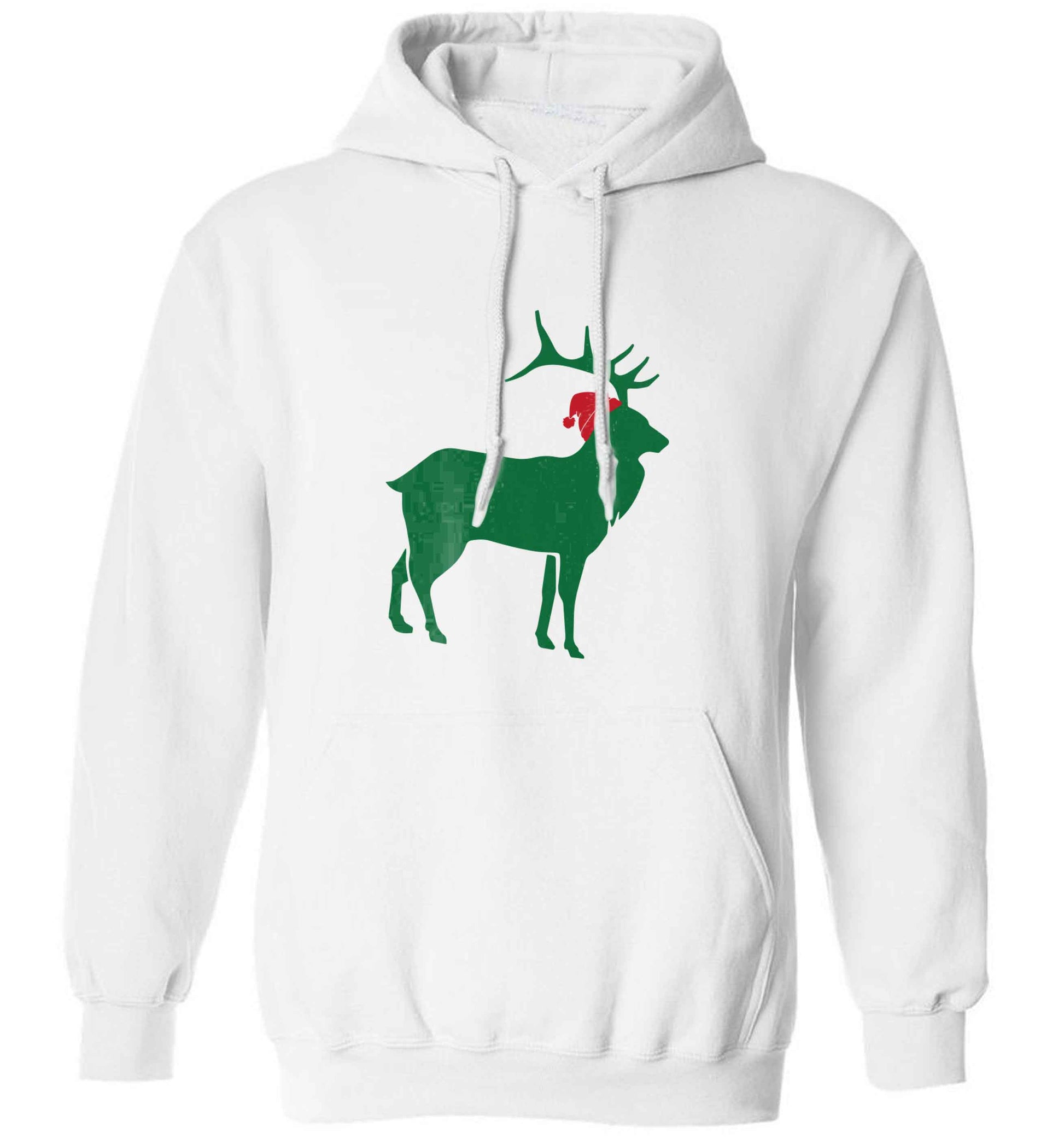 Green stag Santa adults unisex white hoodie 2XL