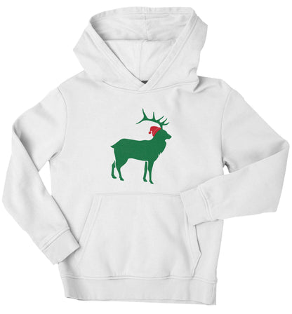 Green stag Santa children's white hoodie 12-13 Years