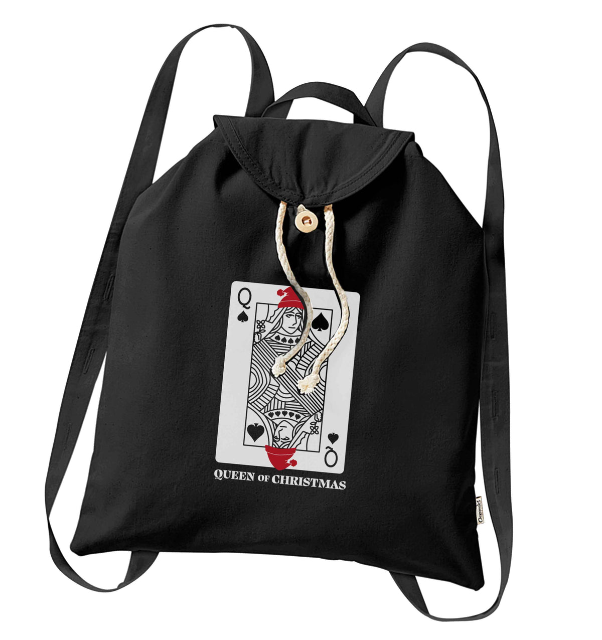 Queen of christmas organic cotton backpack tote with wooden buttons in black