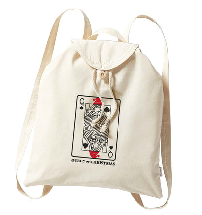 Queen of christmas organic cotton backpack tote with wooden buttons in natural
