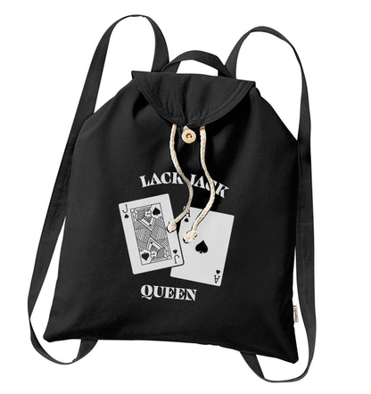 Blackjack queen organic cotton backpack tote with wooden buttons in black