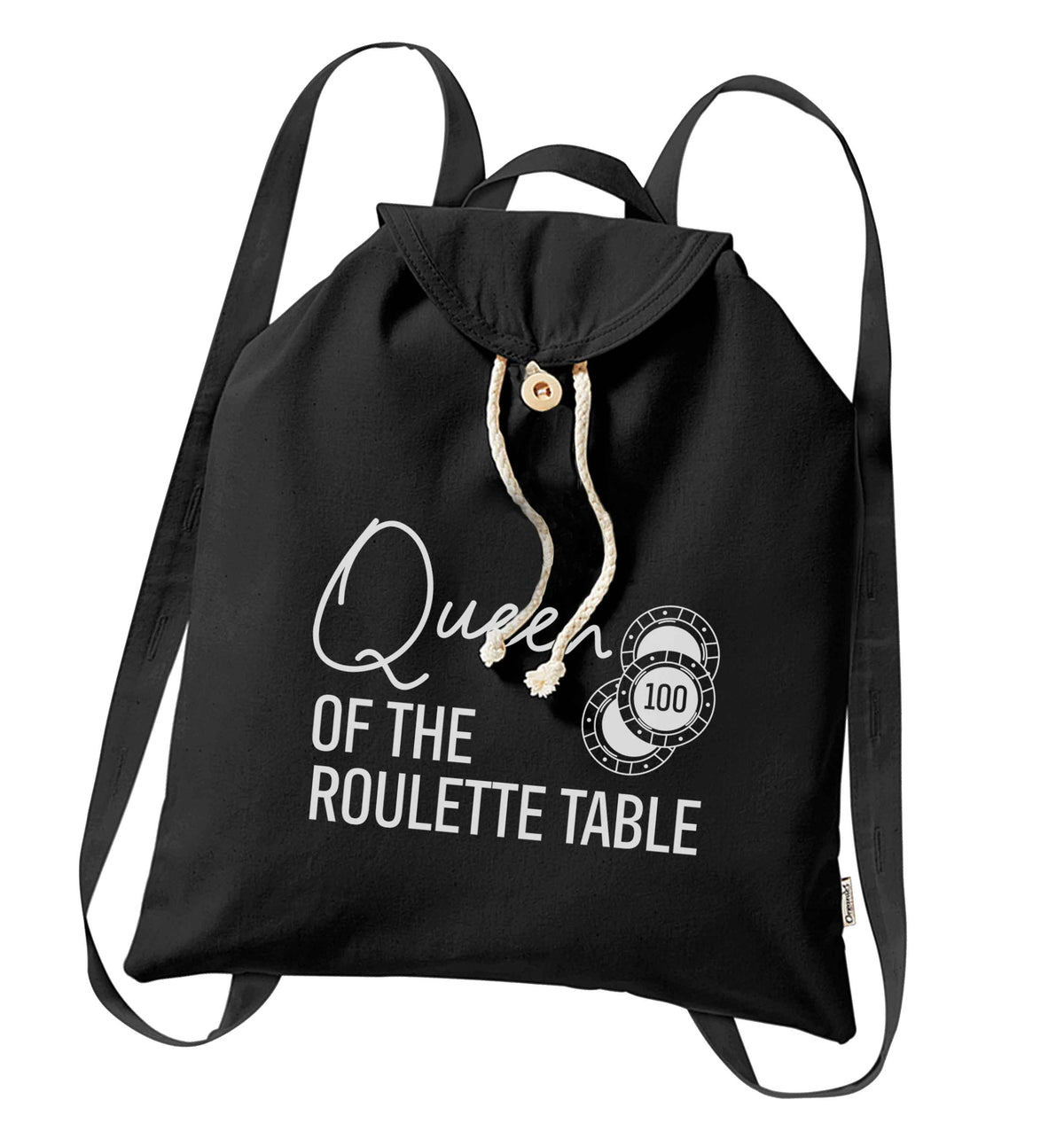 Queen of the roulette table organic cotton backpack tote with wooden buttons in black