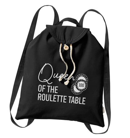 Queen of the roulette table organic cotton backpack tote with wooden buttons in black