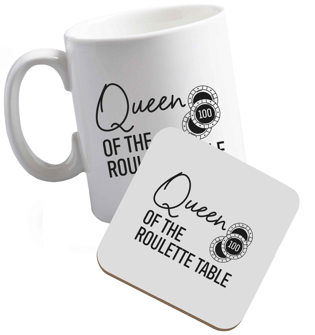 10 oz Queen of the roulette table ceramic mug and coaster set right handed