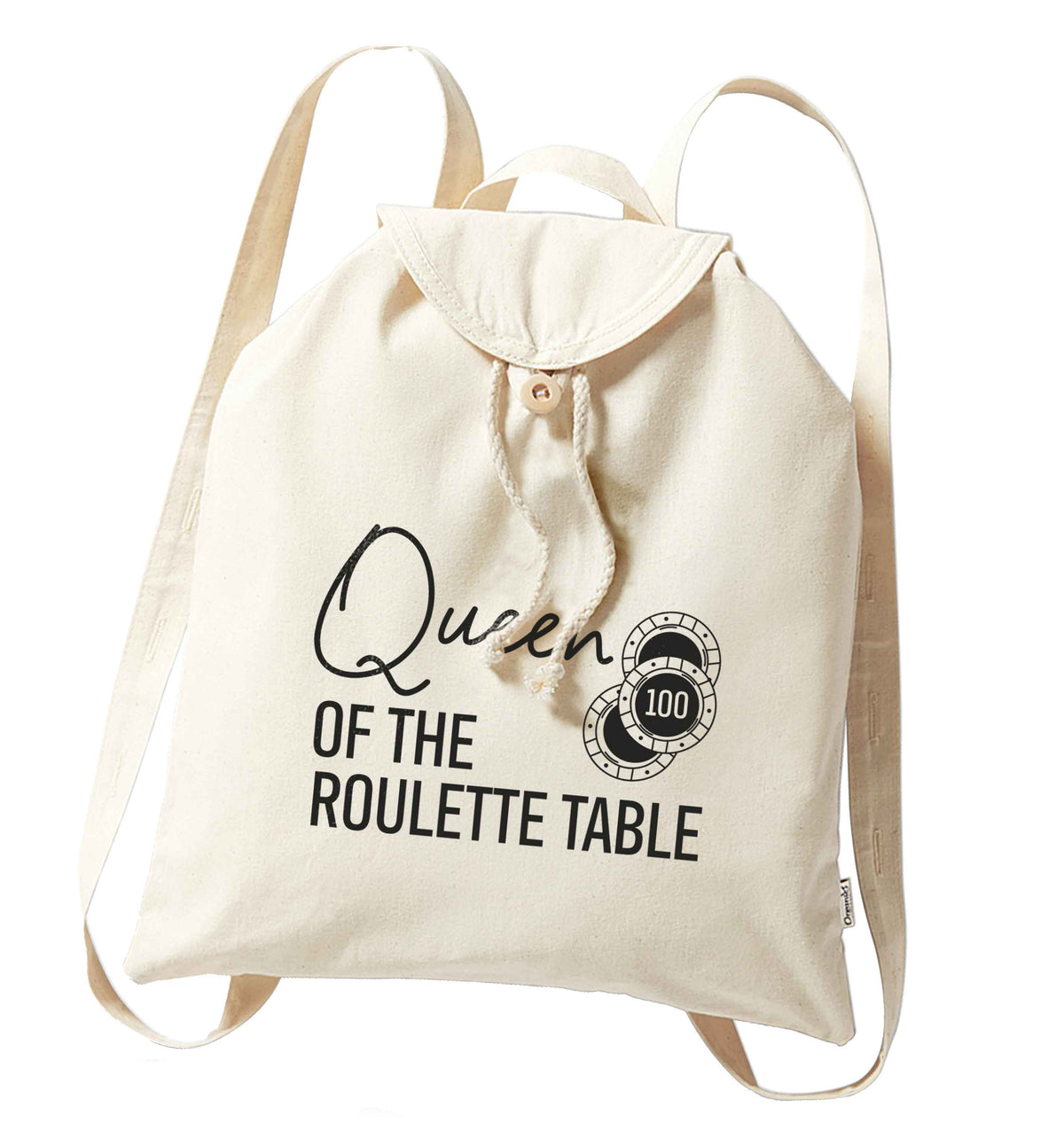 Queen of the roulette table organic cotton backpack tote with wooden buttons in natural