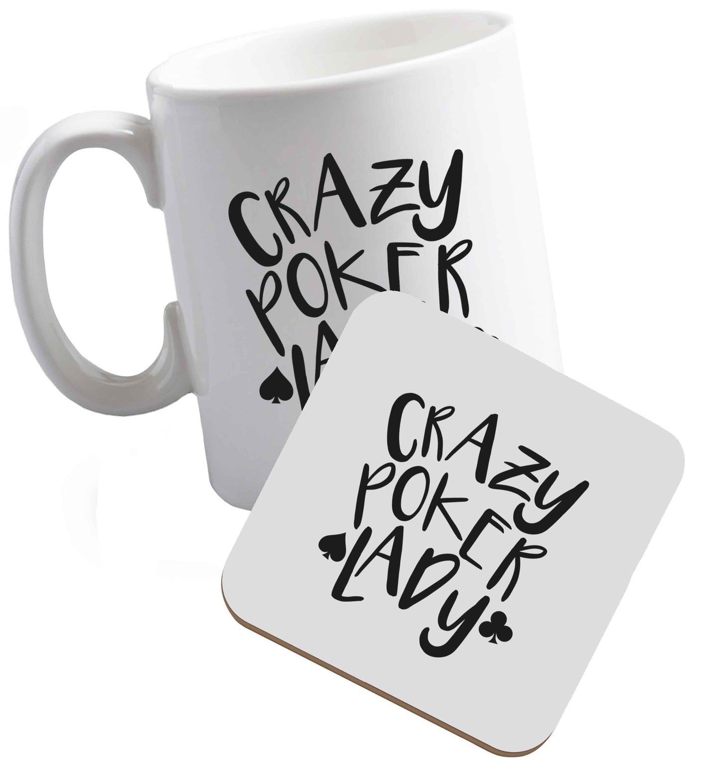 10 oz Crazy poker lady ceramic mug and coaster set right handed