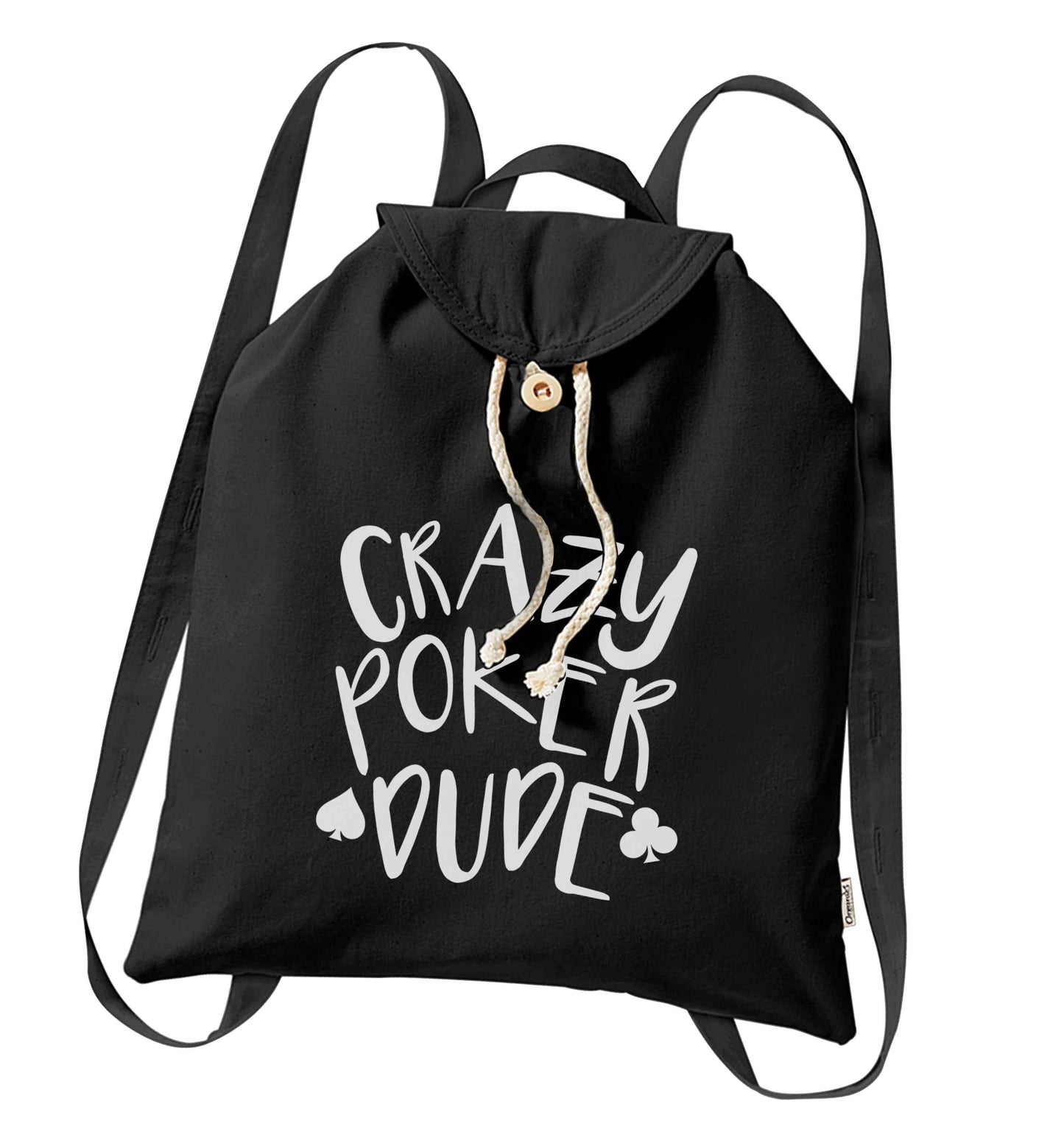 Crazy poker dude organic cotton backpack tote with wooden buttons in black